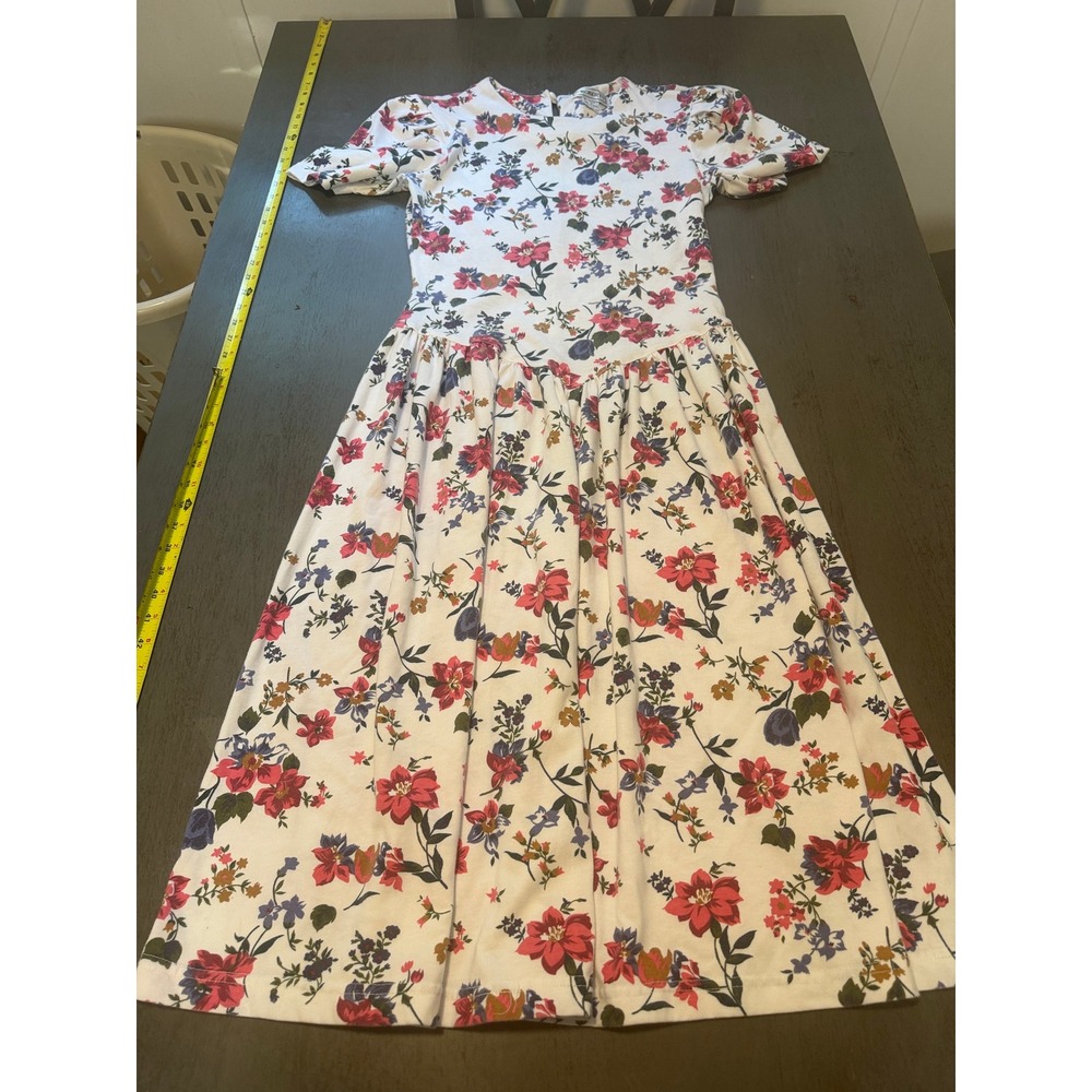 Vintage S. Roberts Floral Midi Dress White Pink Cotton Blend Drop Waist Size 10